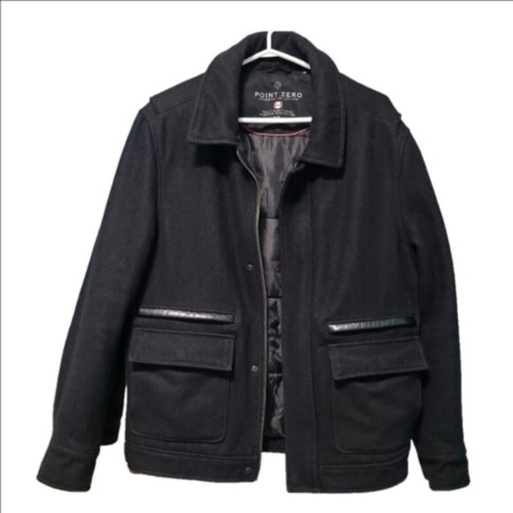 POINT ZERO Black Wool Pocket Mid Length Collar Full Zip Overcoat Jacket Small